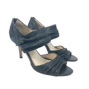 Isola Size 8.5 Black Textured Leather Open-Toe Heels Sandals Back Zip Closure